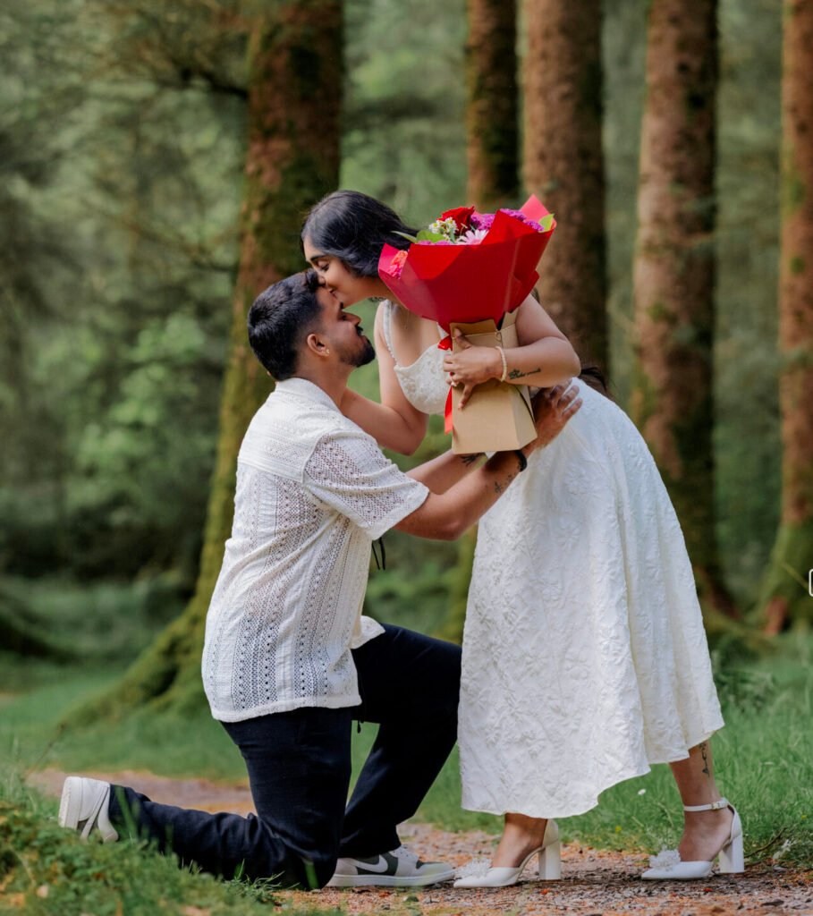 Surprise marriage proposal with flowers – engagement photography in Cork