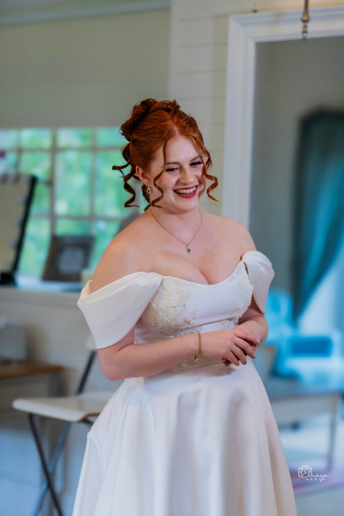 Smiling bride in an off-shoulder wedding dress – bridal portrait, Cork