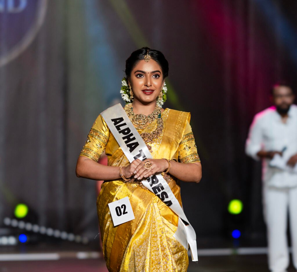 Pageant contestant in a gold saree with sash – event photography in Cork